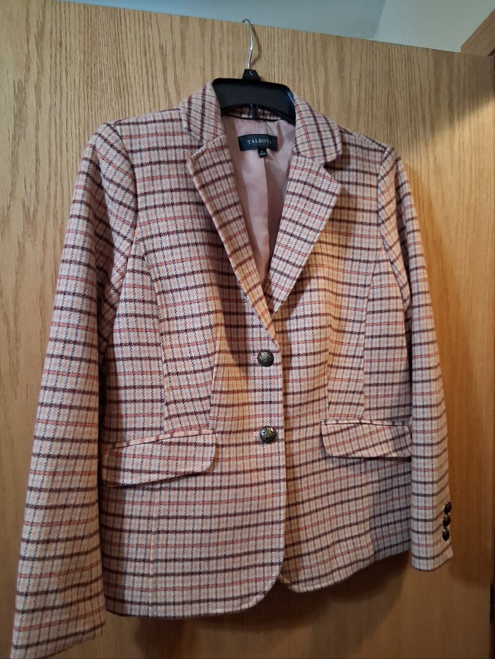 Talbots wool-blend plaid blazer, ornate gold-tone heraldic crest button.